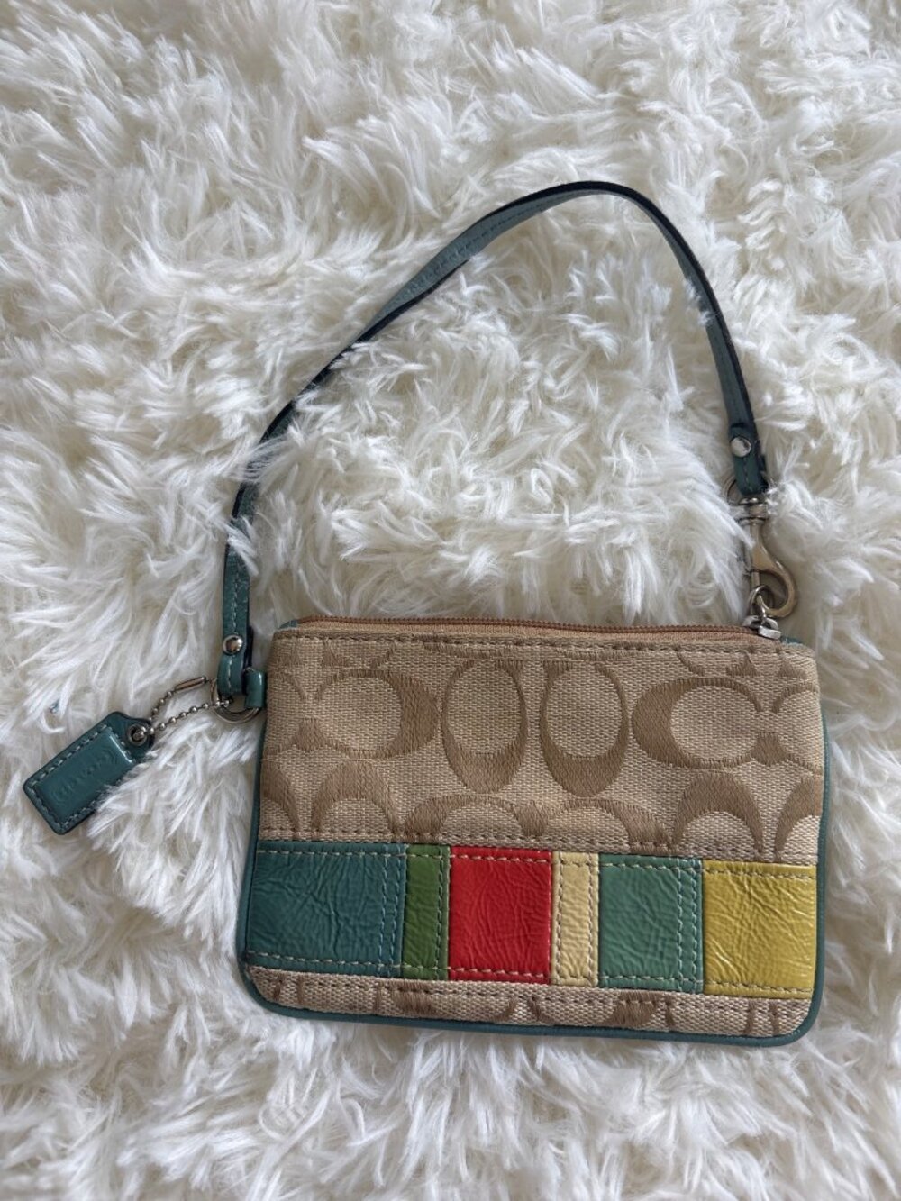 Coach Mini Wristlet Signature C Canvas Patchwork Stripe Bag Teal Trim Vintage - Picture 7 of 16